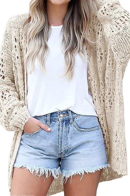 Shophouse Northwest crochet dolman sleeve cardigan in beige open knit oversized relaxed fit layer