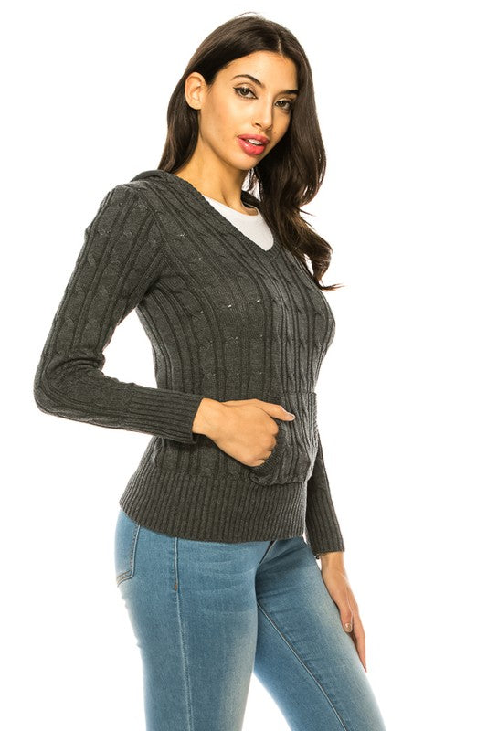 Shophouse Northwest knit hoodie sweater plus size charcoal cable knit V neck with front pocket