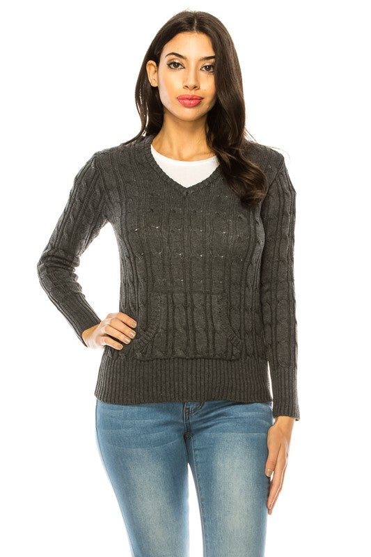 Shophouse Northwest knit hoodie sweater plus size dark gray cable knit V neck hooded pullover on model