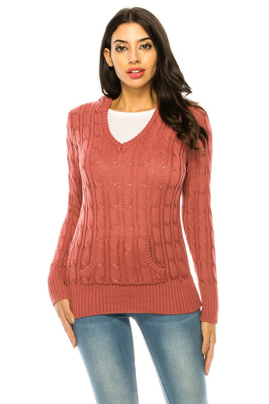 Shophouse Northwest womens cable knit hoodie in dusty rose with V neck and front pockets knit hoodie sweater plus size