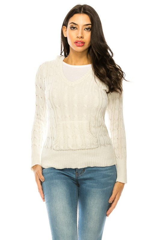Shophouse Northwest cream cable knit hoodie sweater plus size V neck long sleeve on model