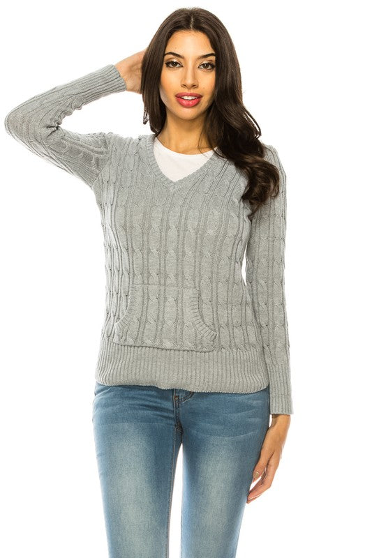 Shophouse Northwest grey cable knit hoodie sweater plus size v neck long sleeve casual pullover
