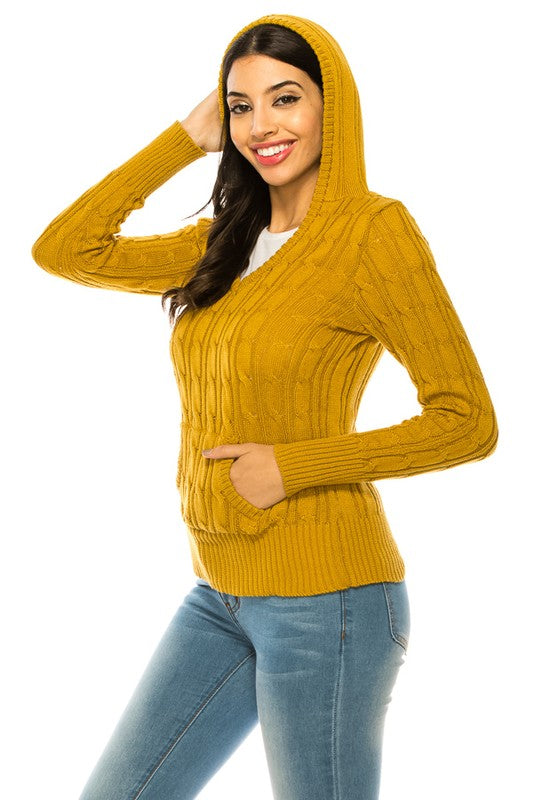 Shophouse Northwest mustard cable knit hoodie sweater plus size on smiling model with front pocket