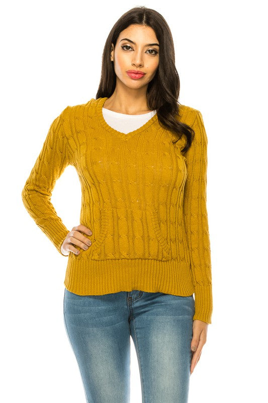 Shophouse Northwest mustard cable knit hoodie sweater plus size V neck long sleeve casual pullover