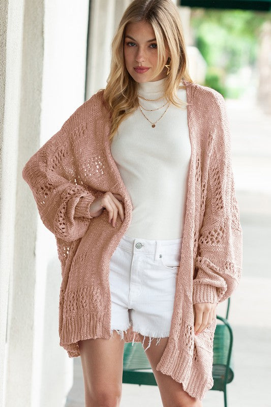 Shophouse Northwest blush crochet dolman cardigan oversized open front with balloon sleeves