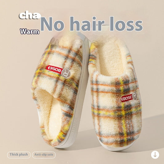 Plush warm plaid cotton slippers featuring a thick plush design and anti-slip sole for cozy comfort
