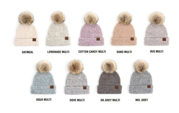 Shophouse Northwest CC marled pom beanie collection of nine knit beanies in assorted marled colors with faux fur pom