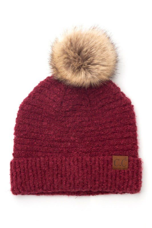 Shophouse Northwest maroon knit cuffed beanie with tan fur pom and leather tag ultra soft fur pom beanie