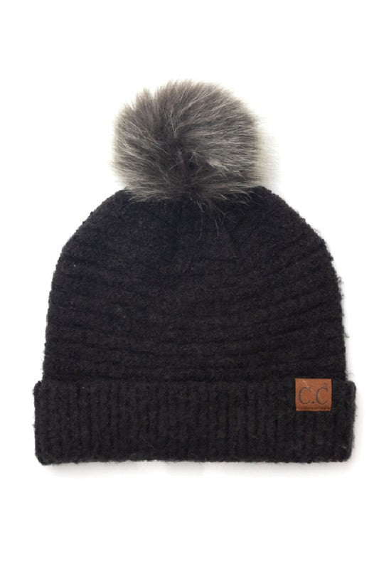 Shophouse Northwest black ribbed knit beanie with gray fur pom and leather tag ultra soft fur pom beanie for cold weather