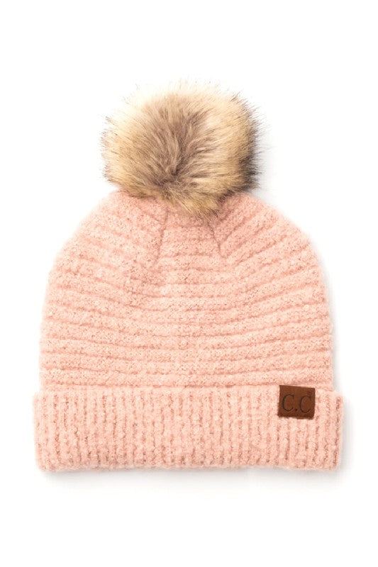 Shophouse Northwest ultra soft fur pom beanie blush pink knit with tan faux fur pom and cuff label