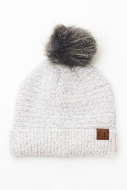 Shophouse Northwest light gray knit beanie with dark faux fur pom and cuffed hem ultra soft fur pom beanie