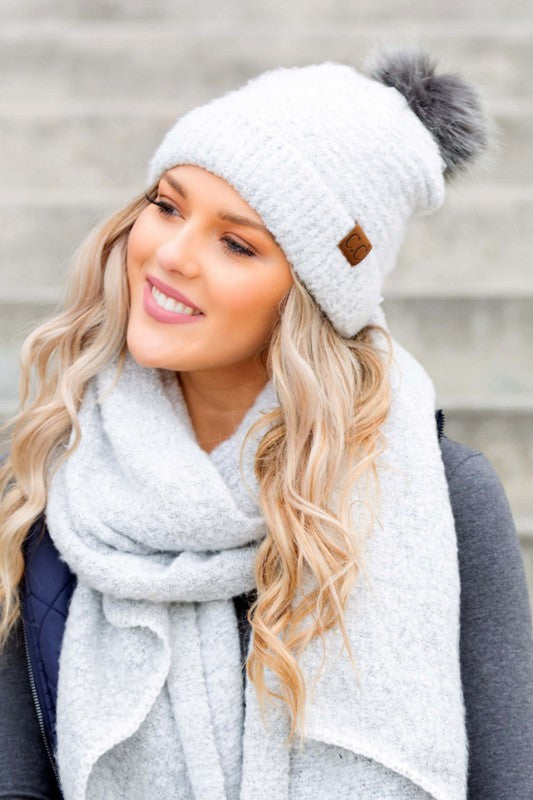 Shophouse Northwest ultra soft fur pom beanie white knit hat with gray pom and matching scarf