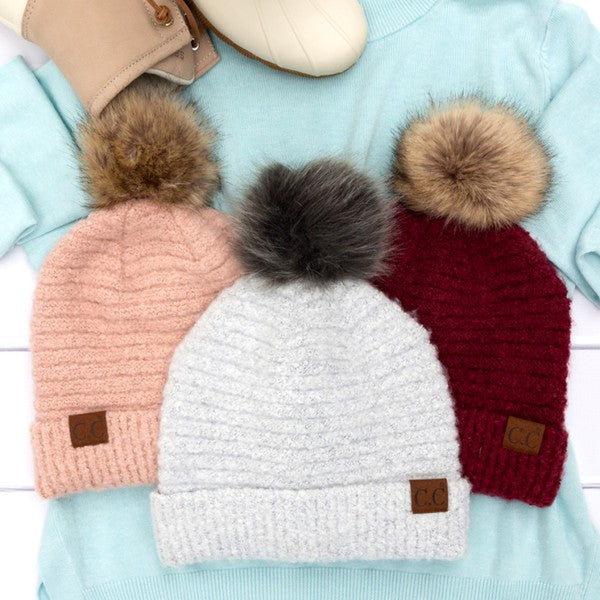 Shophouse Northwest ultra soft fur pom beanie trio in pink gray and burgundy knit with leather logo tags