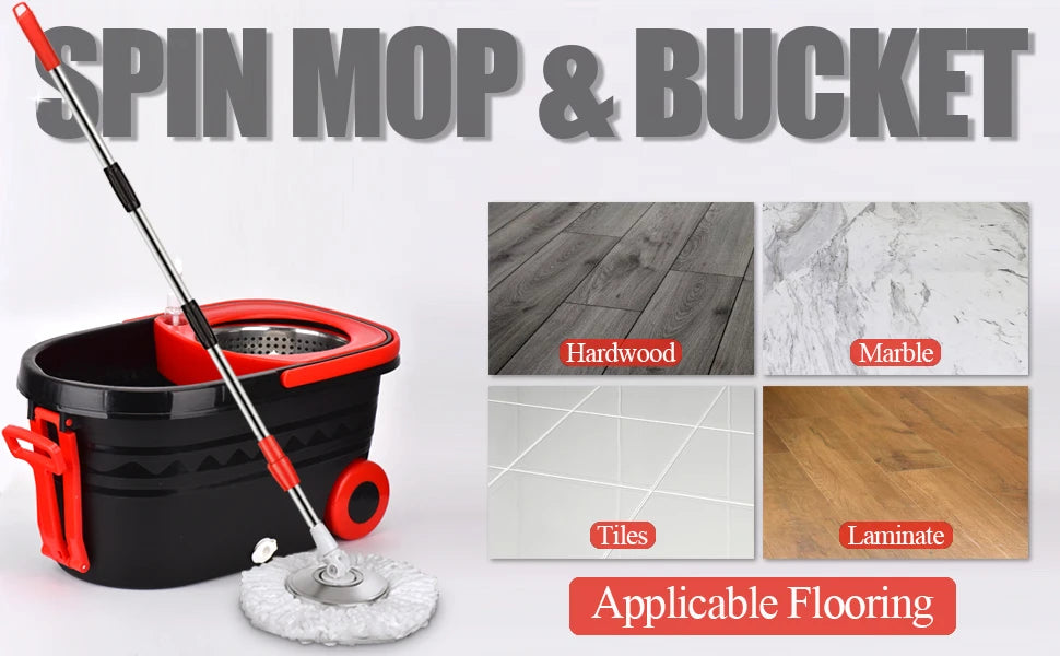 Shophouse Northwest spin mop bucket set with wheels in black and red with mop head and flooring hardwood marble tile laminate