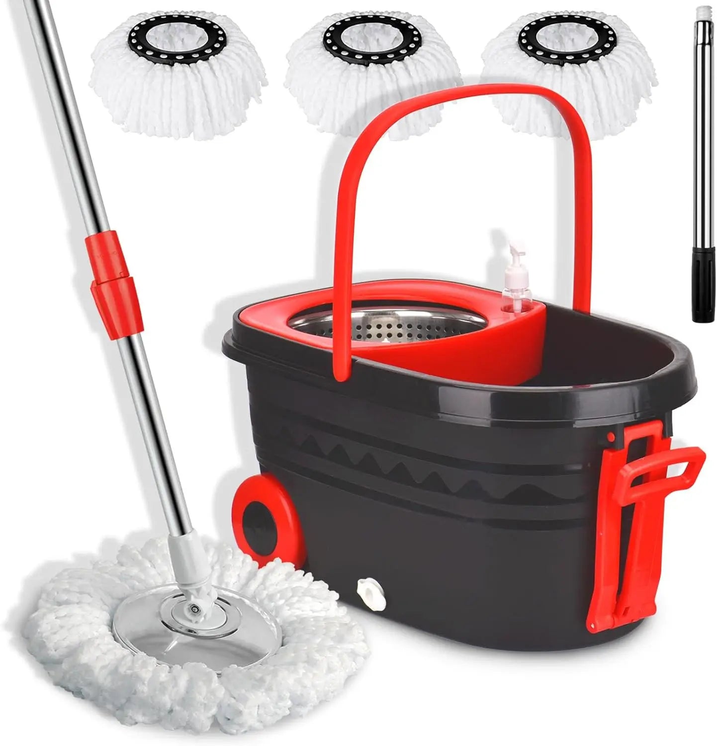 Shophouse Northwest black and red spin mop bucket set with wheels with three replacement mop heads and stainless handle