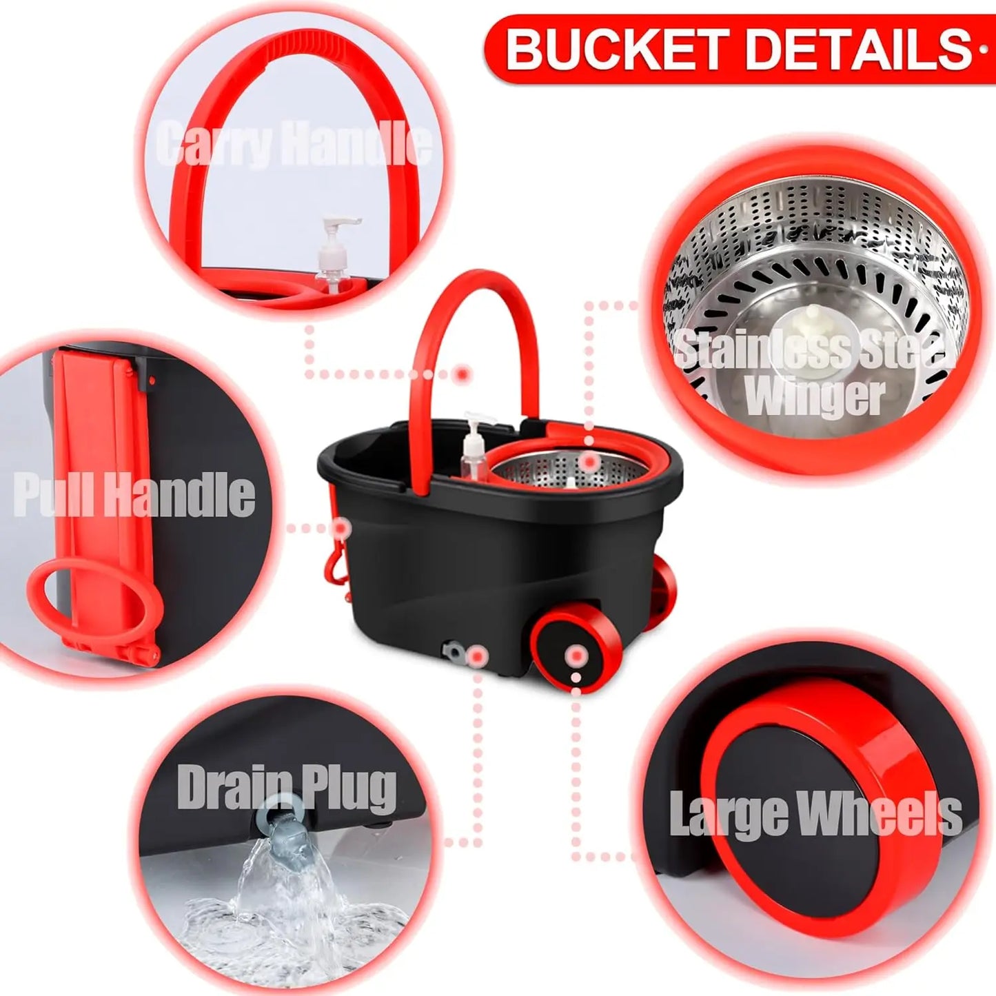 Shophouse Northwest red and black spin mop bucket set with wheels, stainless steel wringer, drain plug and pull handle