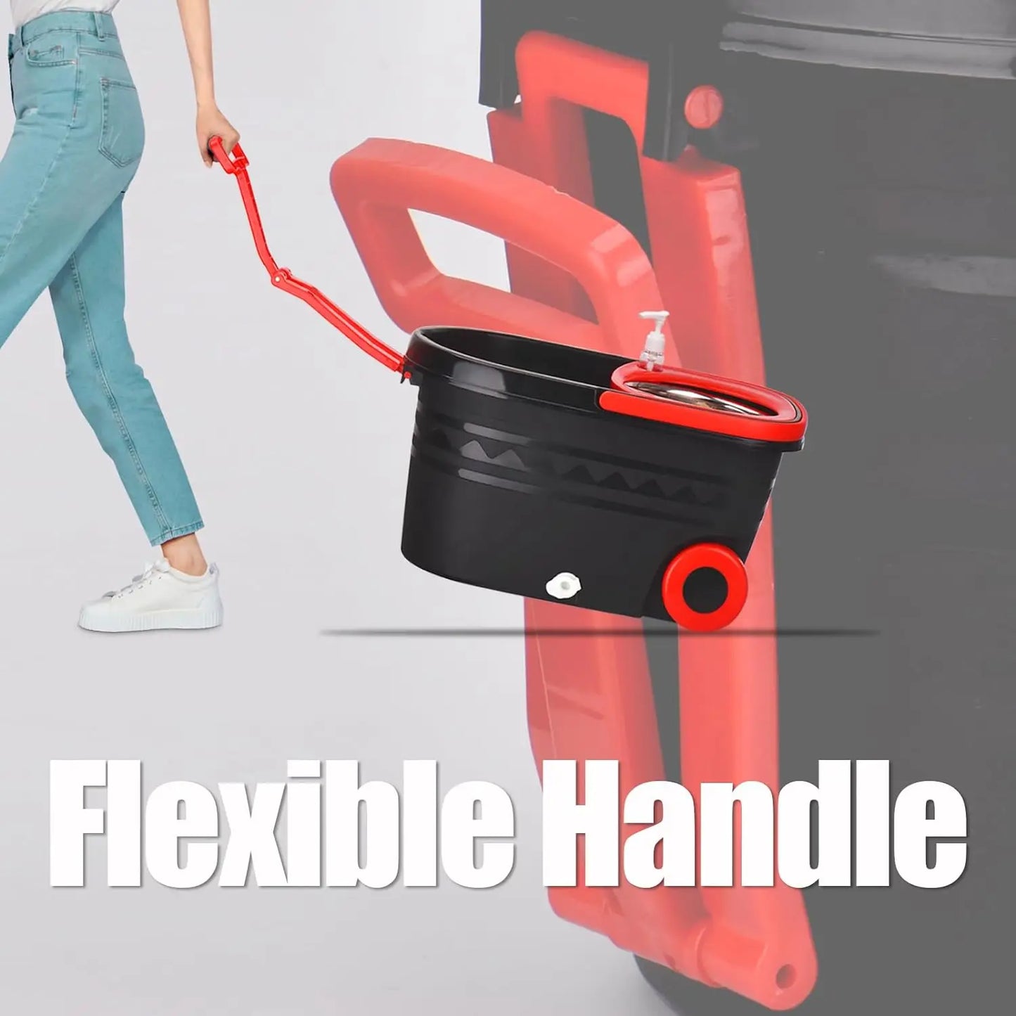 Shophouse Northwest spin mop bucket set with wheels black and red portable bucket with flexible handle