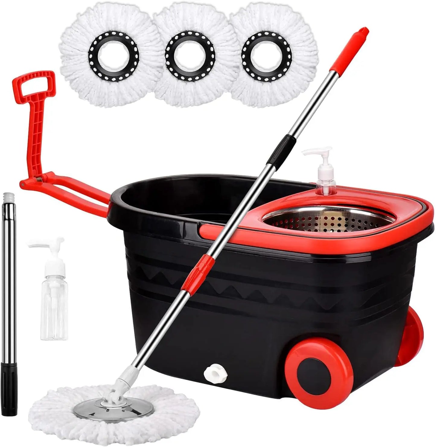 Shophouse Northwest black and red spin mop bucket set with wheels includes telescoping mop and three replacement heads