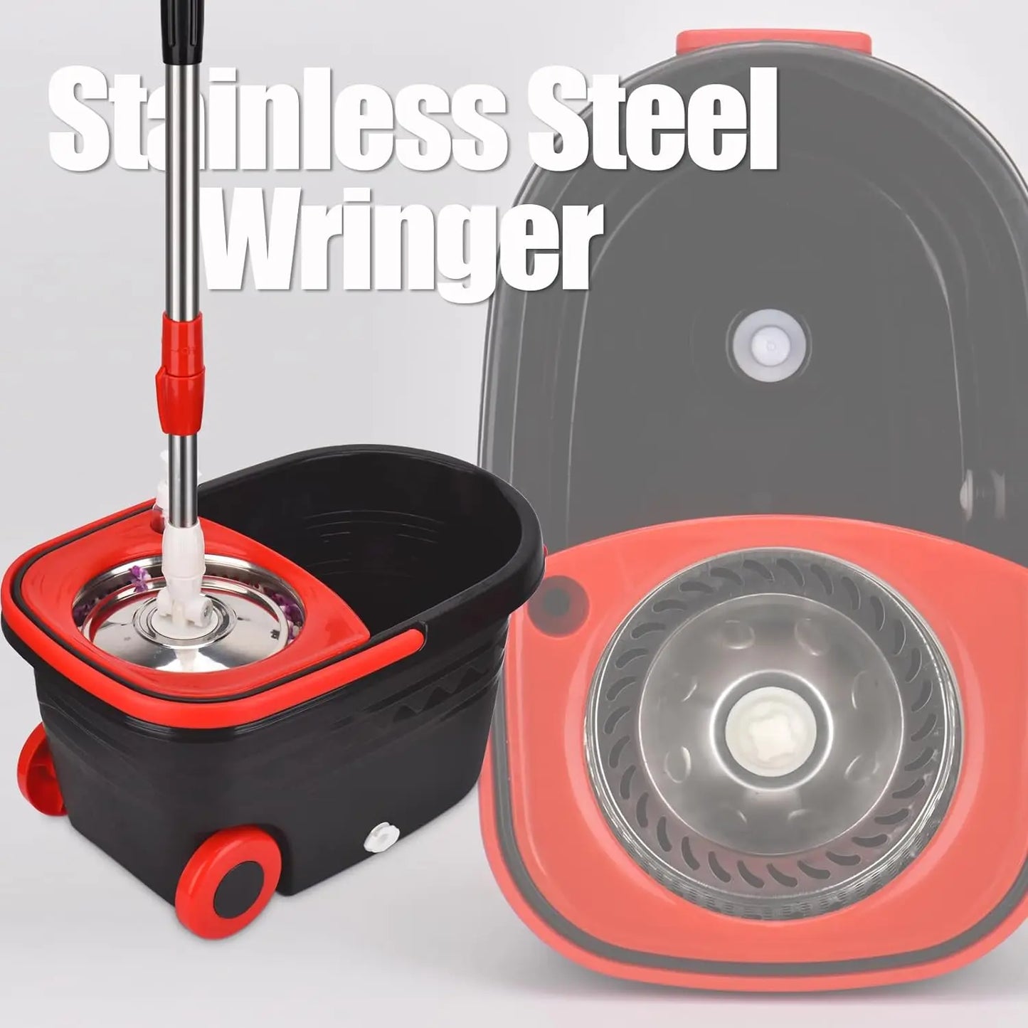Shophouse Northwest red black spin mop bucket set with wheels and stainless steel wringer and mop