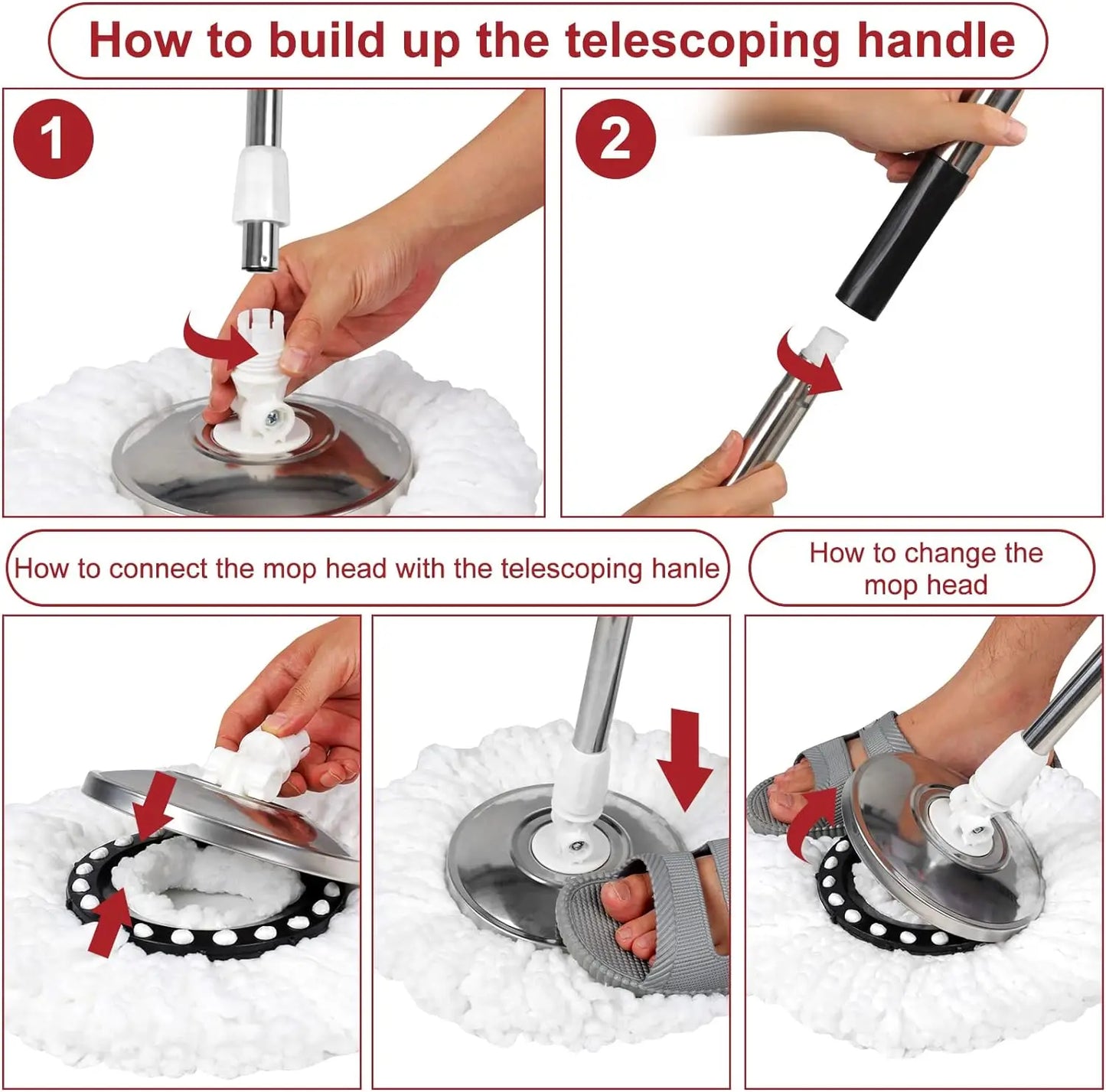 Shophouse Northwest spin mop bucket set with wheels showing telescoping handle assembly and mop head change instructions