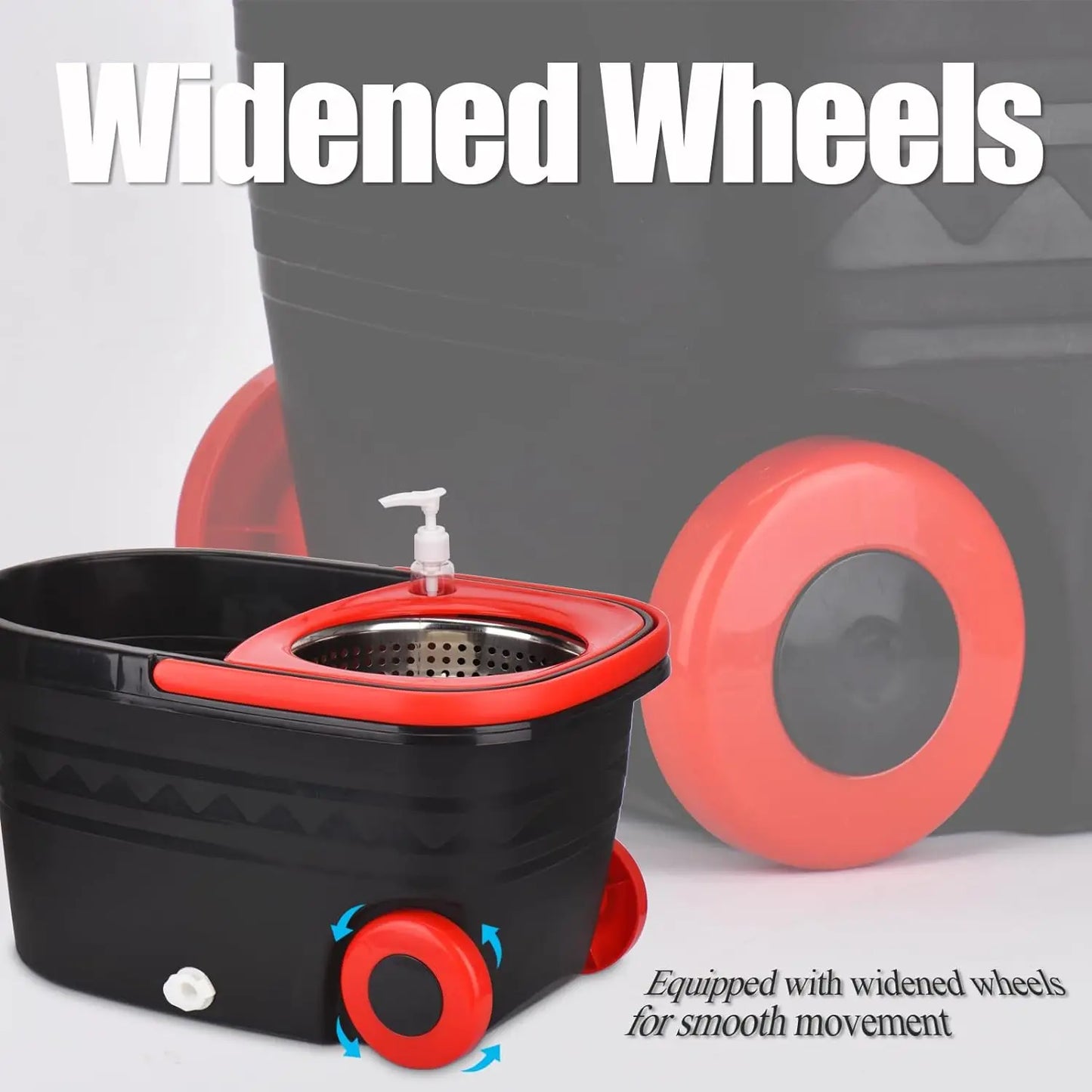Shophouse Northwest black and red spin mop bucket set with wheels featuring stainless steel spinner and widened wheels