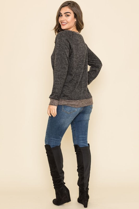 Shophouse Northwest plus size raglan tunic sweater dark charcoal back view on model with jeans and knee high boots