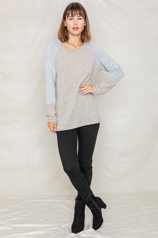Shophouse Northwest plus size two tone raglan tunic gray heather body with light blue raglan sleeves and casual fit