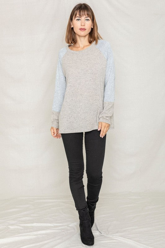 Shophouse Northwest sweater plus size two tone raglan tunic heather gray body with light blue raglan sleeves