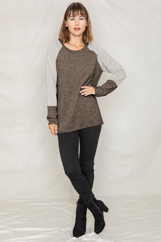 Shophouse Northwest plus size two tone raglan tunic sweater brown body with light gray raglan sleeves
