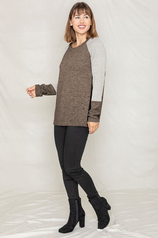 Shophouse Northwest plus size two tone raglan tunic brown body gray sleeves long sleeve sweater