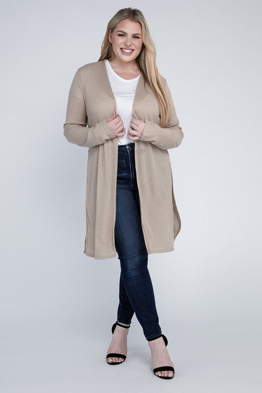 Shophouse Northwest plus size everyday comfy cardigan beige long open front worn over white tee and dark skinny jeans