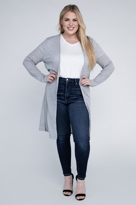 Shophouse Northwest plus size everyday comfy cardigan long gray open front with jeans