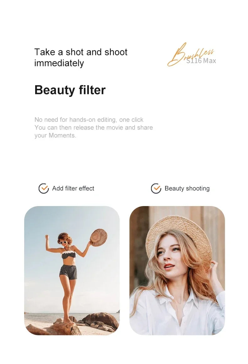 Shophouse Northwest S116 MAX professional drone ad showing beauty filter demo with beach and portrait photos