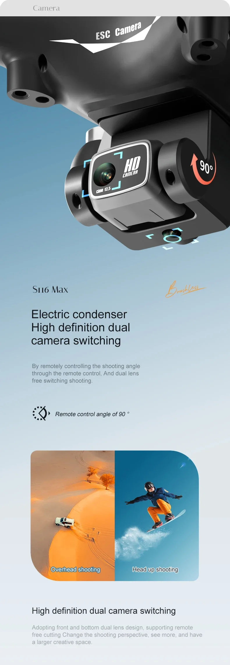 Shophouse Northwest S116 MAX professional drone closeup of HD dual camera gimbal with 90 degree tilt and sky background