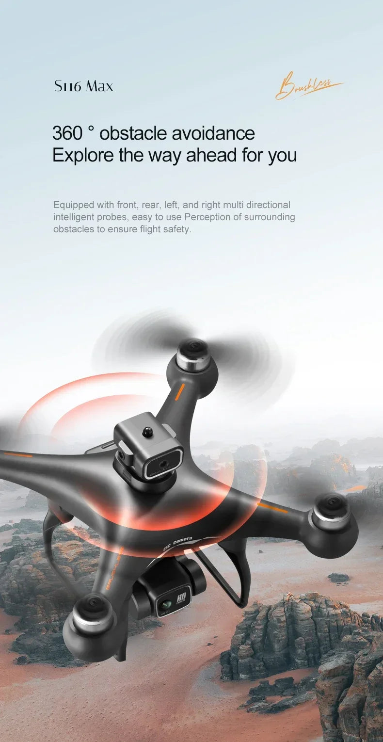 S116 MAX professional drone hovering over rocky canyon with 360 degree obstacle avoidance sensors for safe aerial photography