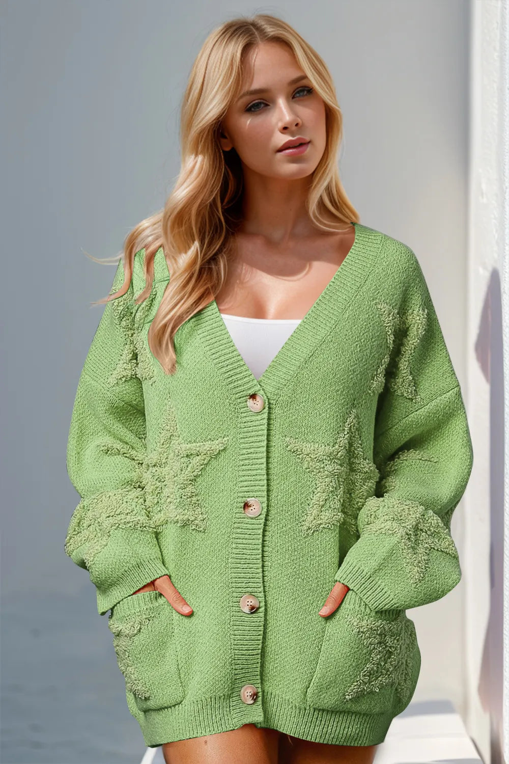 Trendsi full size button up cardigan sweater in green with star patterns and oversized pockets