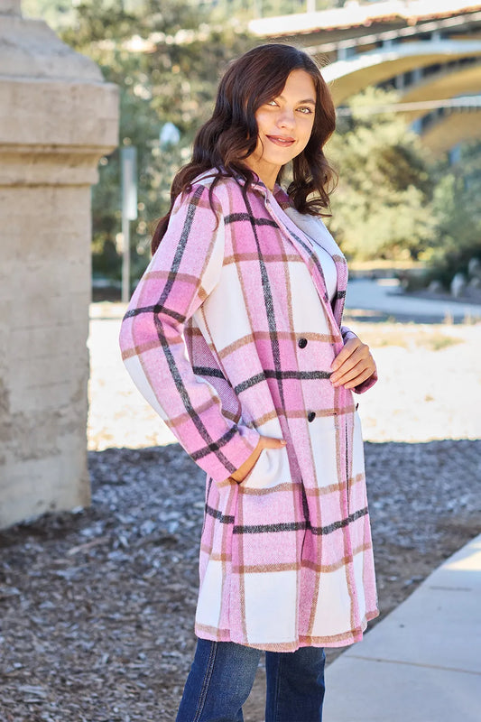 Trendsi full size lapel collar coat in pink plaid design for a stylish and cozy look
