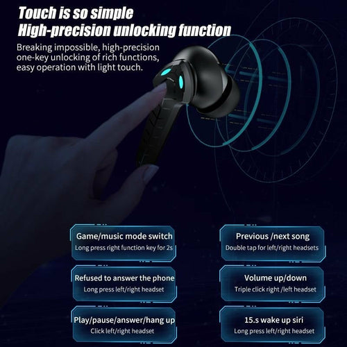 Close-up of wireless noise cancelling gaming earbuds showcasing touch controls and unlocking features