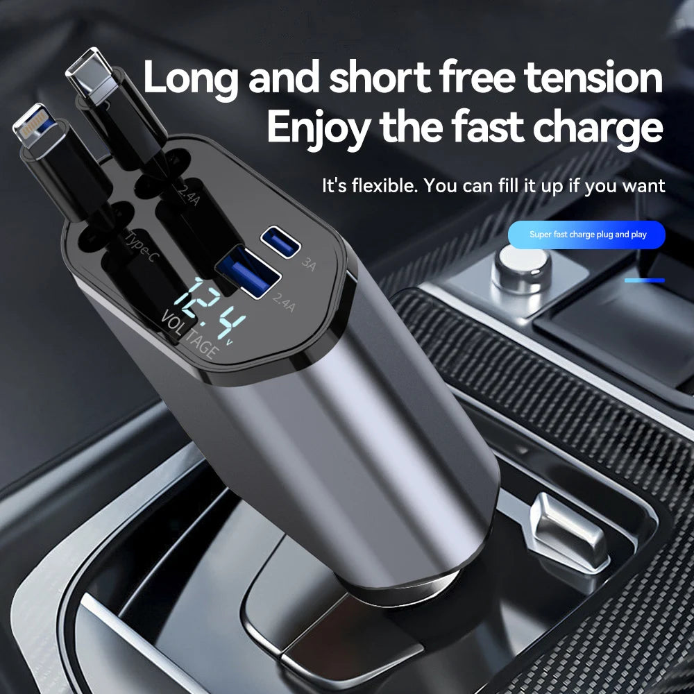 4 in 1 USB Type C car adapter with digital voltage display and multiple fast charging ports