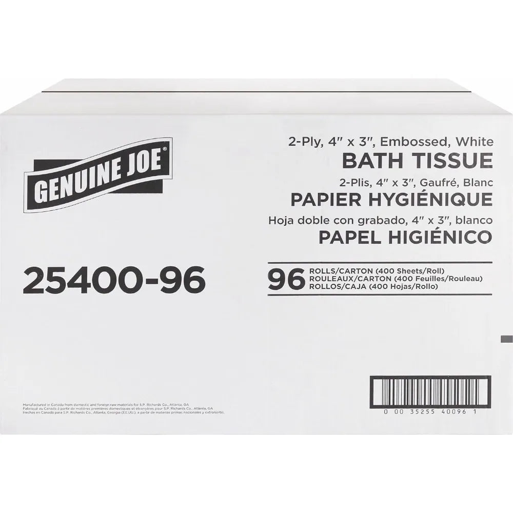 Genuine Joe bulk bath tissue 2 ply 96 count white carton with product labeling showing 96 rolls