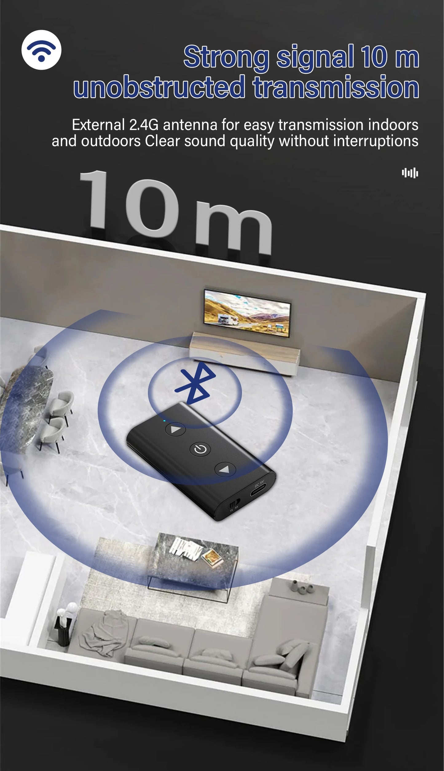 Shophouse Northwest portable wireless bluetooth audio adapter in living room showing 10m range to TV and sofa