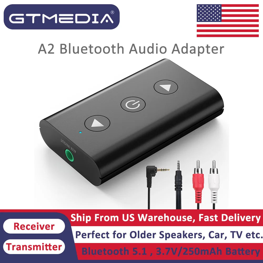 Shophouse Northwest portable wireless bluetooth audio adapter GTMEDIA A2 black receiver transmitter with aux and RCA cables