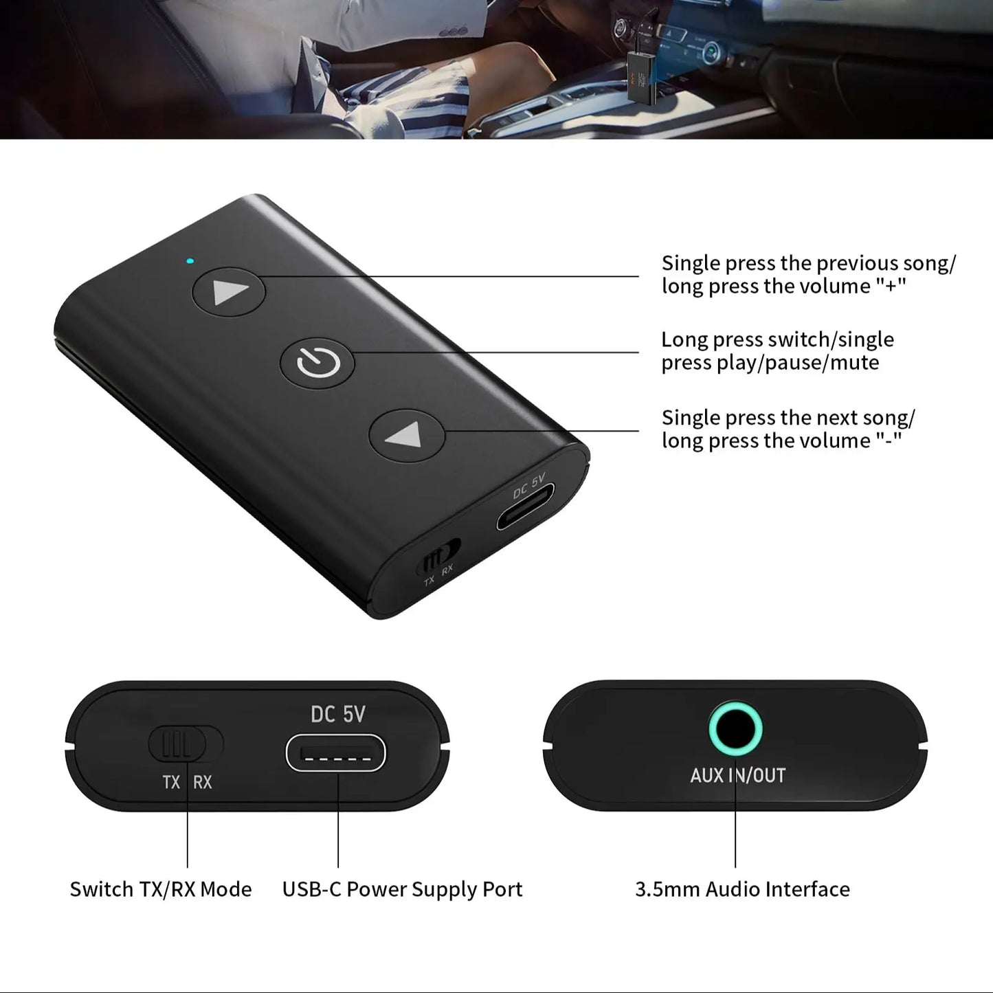Shophouse Northwest portable wireless bluetooth audio adapter black with USB C port 3.5mm aux jack and control buttons