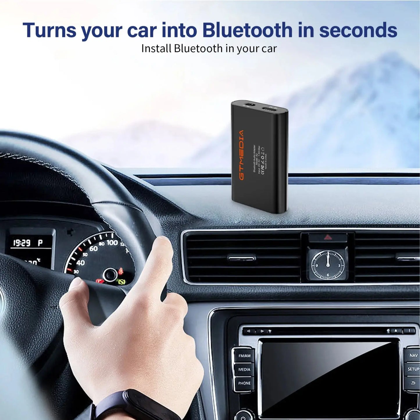 Shophouse Northwest portable wireless bluetooth audio adapter on car dashboard for hands free music