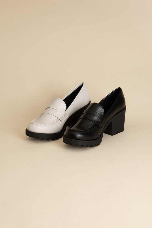 Shophouse Northwest KINDER Loafer shoes black and white leather chunky block heel lug sole loafers