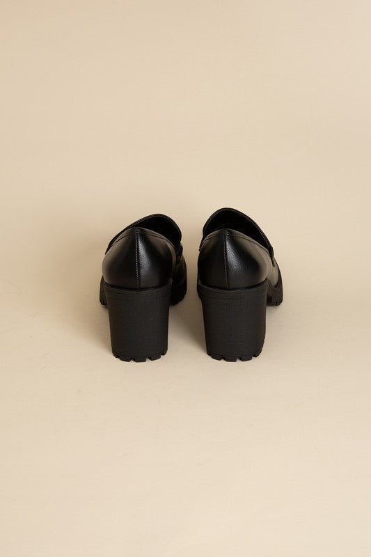 Shophouse Northwest KINDER Loafer shoes black leather chunky block heel loafers back view