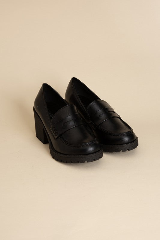 Shophouse Northwest black chunky heel penny loafers with lug sole and polished leather KINDER Loafer shoes