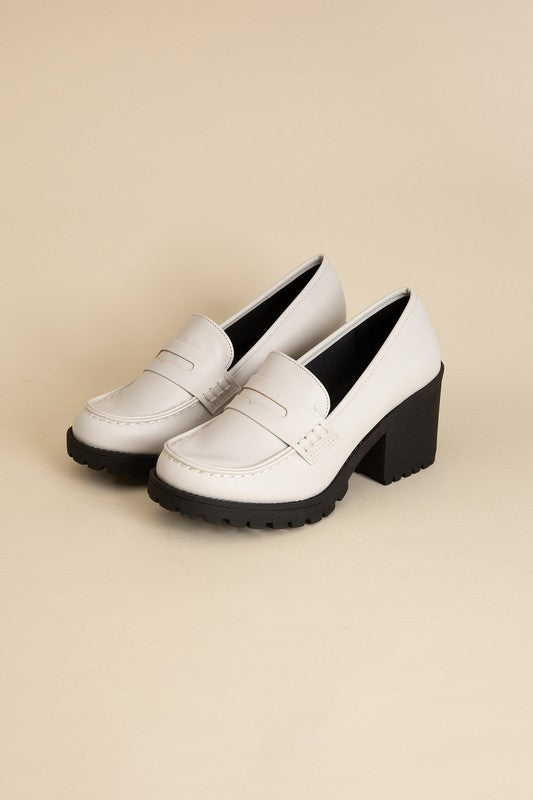 KINDER Loafer shoes Shophouse Northwest white chunky block heel penny loafers with black lug sole