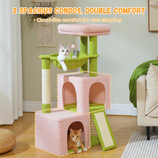 Large cat tree for indoor cats with two spacious condos for double comfort and restful sleeping