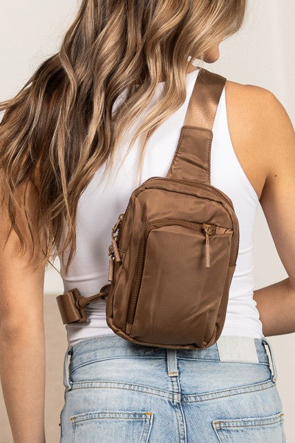 Shophouse Northwest brown nylon crossbody bag for women with adjustable strap and zip pockets